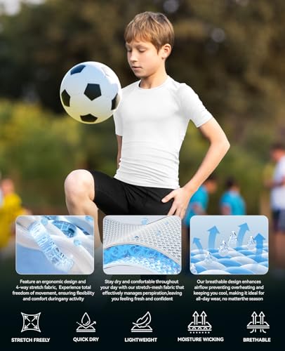 Boys Compression Shirt - Youth Athletic Quick Dry Base Layer - Small / White