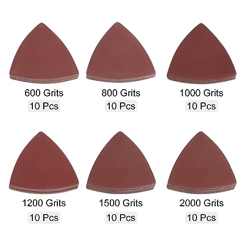 HARFINGTON 60pcs Triangular Hook & Loop Sandpapers 600/800/1000/1200/1500/2000 Grits 3-1/8" Aluminum Oxide Sanding Pads Mouse Detail Sander Papers Multitool Sheets Set (10pcs of Each Grits)