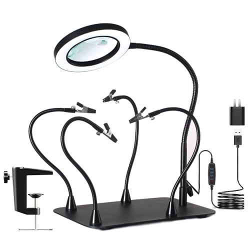 5X&10X Magnifying Glass with Light and Stand, Flexible Magnetic Helping Hand, Large Base & Clamp Magnifying Lamp, 3 Color Adjustable Arm Desk Magnifier with Light for Soldering Craft Hobby