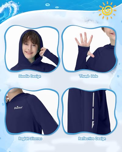 Boys Rash Guard Long Sleeve Hoodie - UPF 50+ Sun Protection, Navy, Large