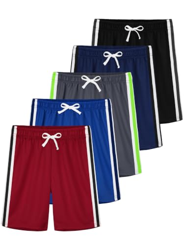 YERIOK 5 Pack Boys Athletic Shorts - Mesh, Quick Dry, Soccer & Basketball, Size 5-6 Years, Black Navy Gray Red