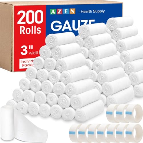 AZEN 200 Pack Gauze Rolls Bandages 3-Inch x 4.1 Yards First Aid Supplies - Vet & Medical Wrap (Variation: 200p / 3IN)