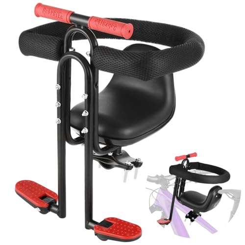 COSYOO Front Mounted Bike Seat with Guardrail, Foldable Footrests & Soft Foam — Black