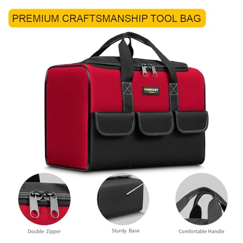 Tool Bags for Men, 17inch Tool Bag Organizer with 6Pockets, Waterproof 600D Fabric Cloth, 16.9 x 11.8 x 9.8 inches, Red and Black, Double Zipper