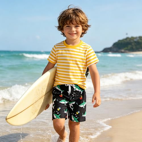 Boys Swim Trunks - Quick Dry Board Shorts for Ages 7-8 Years - Black Shark