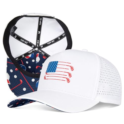 Men's American Flag Golf Hat - Water-Resistant Patriotic Baseball Cap, Medium-Large White