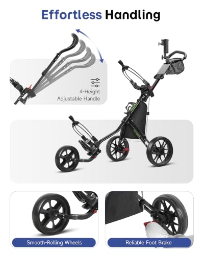 Lightweight 3-Wheel Golf Push Cart with Foot Brake - Black
