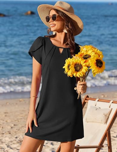 Petal Short Sleeve Swimsuit Coverup Dress - Black, Large