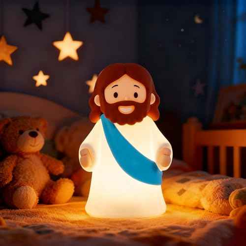 magical JD Little Jesus Night Light Mini Jesus Silicone Lamp Dimmable Nursery Nightlight for Kids Rechargeable Bedside Touch Lamp Perfect for Christmas, Easter and Baptism Gifts (Blue)