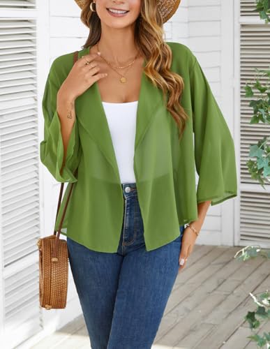Chiffon Kimono Cardigan - Loose Open Front Bolero - Large Deep Green