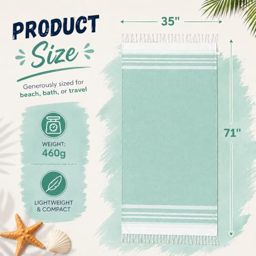 Aqua Turkish Oversized Beach Towel 35x72 Inch - Quick Dry Sand-Free Travel & Pool Accessory