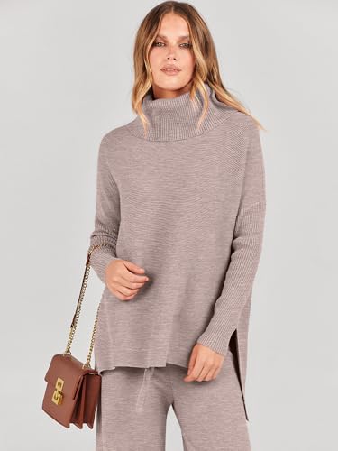 ANRABESS Women's Oversized Turtleneck Sweater Set Large Camel
