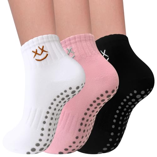 Non-Slip Pilates Grip Socks for Women - 3 Pairs - White/Black/Pink Smile