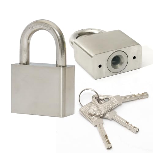 LanuBe 304 Stainless Steel keyed Alike Marine Small Padlocks for Outdoor use, 1-9/16 inch Wide Body, Stainless Steel Body, Normal Shackle, Pack of 2