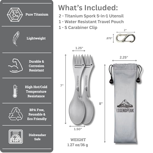 LegendPeak Titanium Spork 5-in-1 Camping Utensil Set B - Share Pack, Ultralight & Durable