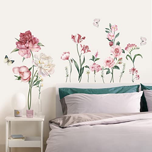 wondever Pink Peony Rose Floral Wall Stickers Garden Flower Peel and Stick Wall Art Decals for Bedroom Living Room TV Wall