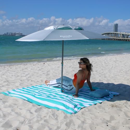 Teal & Stripes Extra Large Beach Picnic Blanket 7x7 ft Sandproof Waterproof Windproof with Umbrella Hole