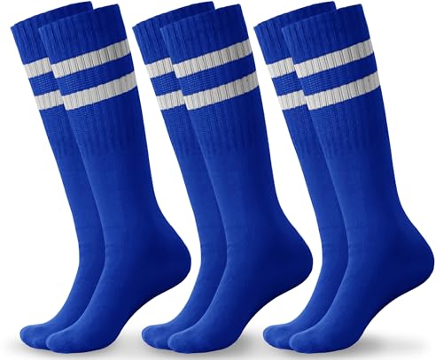 Boys Soccer Athletic Socks - Knee High Striped Sports Socks, Royal Blue, Small
