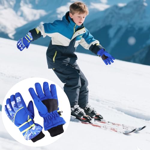 Kids Winter Gloves - Windproof Thick Snowboard Mittens, Blue, 4-7 Years