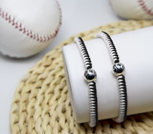 Handmade Braided Baseball Bracelet Set - Adjustable Wristbands - Black 2PCS