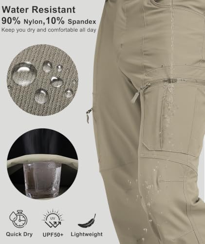 Buyboxs Men's Waterproof Cargo Hiking Pants 32W x 30L Khaki - Lightweight, Quick Dry Outdoor Travel Pants with 6 Pockets