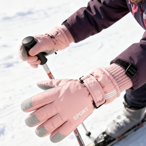 Kids Windproof Ski Gloves - Water-Repellent Mittens, 5-10 Years - Pink Star