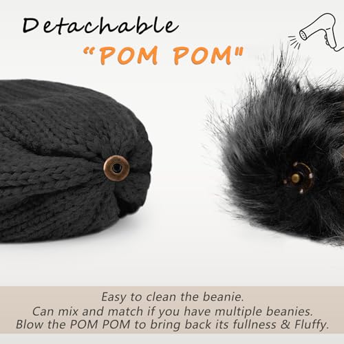 Winter Knitted Beanie Hat with Faux Fur Pom - Black