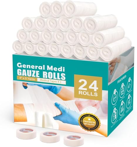 Gauze Bandage Rolls with Medical Tape - 24 Pack + Bonus Tape