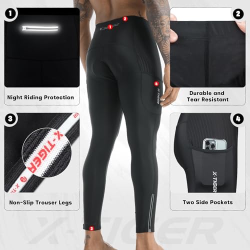 X-TIGER Men's Cycling Tights Large Black Gel Padded Mountain Bike Pants