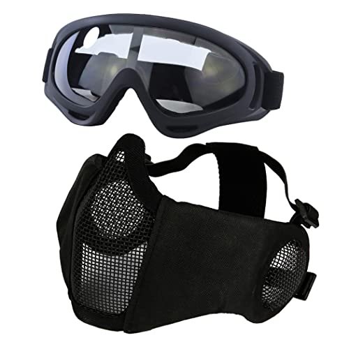 Airsoft Mask with Goggles - Foldable Half Face Mesh with Ear Protection - Black (2pcs)