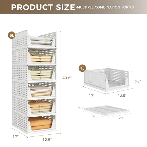 Pinkpum 6 Pack Closet Organizers Storage Box, Stackable Plastic Drawer Basket for Clothing, Stackable Storage Bins Shelf Storage Container for Closet Wardrobe Bedroom Bathroom Office White
