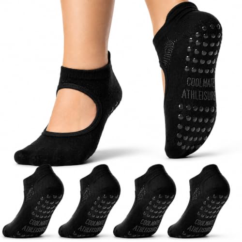 Pilates Socks with Grips for Women - 4 Pairs Open Top Black