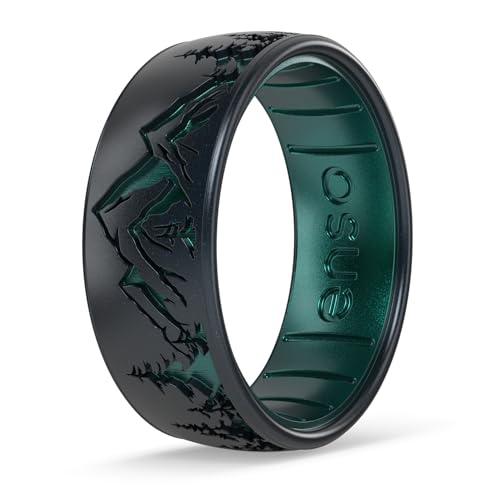 Enso Rings Etched Classic Silicone Ring - Nature Collection, Peak Black Pearl/Emerald, Size 11