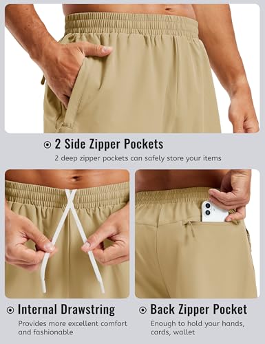 Men's 7" Khaki Athletic Workout Shorts with 3 Zipper Pockets - Medium