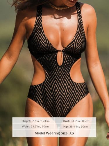 CUPSHE Women's Monokini Swimsuit Plunge V Neck Bathing Suit Black/Stripe Medium