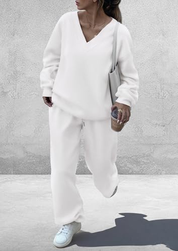 PRETTYGARDEN Women's 2-Piece Fall Sweatsuit Outfit Set - Medium White