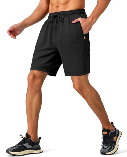 Men's Athletic Running Shorts - 7 Inch Quick Dry with Zipper Pockets - Large, Black