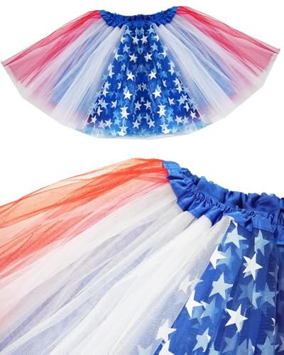 4-Layer Tulle Skirt for Women & Teens - Satin Lined - Large Red, Blue & White Star