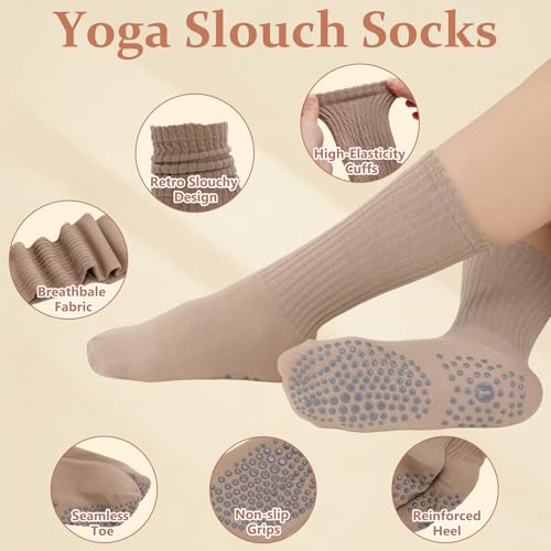 Slouchy Pilates Socks with Grips - 3 Pack - Off White, Light Brown, Khaki