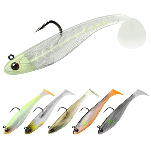 TRUSCEND Shadtale 4-inch 5/8oz Sinking Vibrating Soft Fishing Lure with BKK Hooks - Bass Trout Crappie Walleye