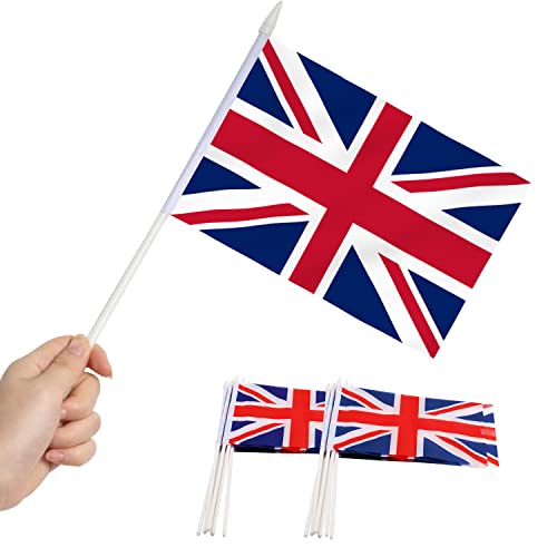Mini Union Jack Flags - 12 Pack Handheld British Flags - 5.5x8 Inch with Stick