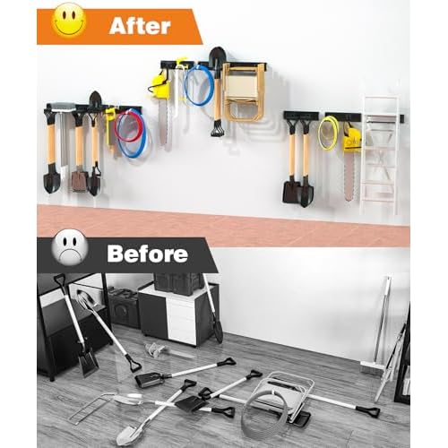 Garage Tool Organizer Wall Mount, 49.5 Inch Garage Organization and Storage Heavy Duty with 3 Packs Rails and 6 Adjustable Hooks, Garden Yard Tool Hanger Rack for Shovel, Max Load 600lbs