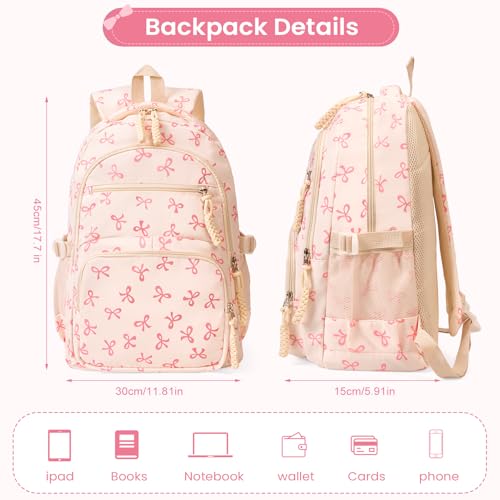 JingyuKJ Pink Coquette Bow Backpack Aesthetic Kawaii Daypack for Women & Girls