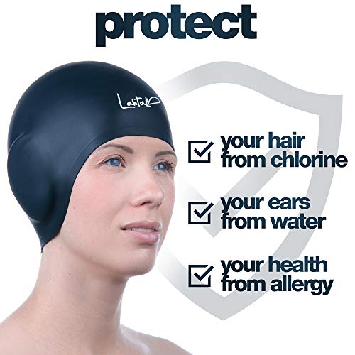 Lahtak Black 3D Silicone Swim Cap with Ear Protection for Adults & Teens