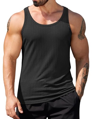 Men's Workout Tank Top - Ribbed Knit Sleeveless Gym Tee - Black, Large