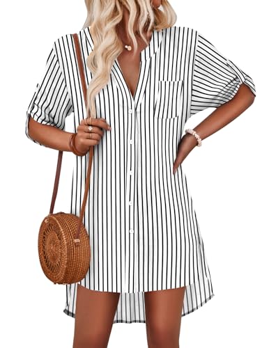 AI'MAGE Women’s Swimsuit Cover Up Shirt V-Neck Button-Down Beach Tunic Black/White X-Large