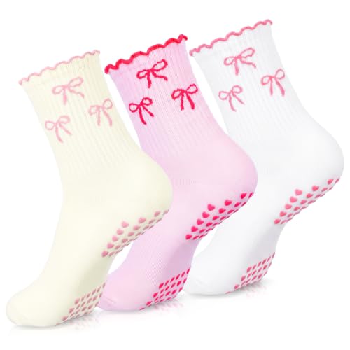 Non-Slip Ruffle Pilates Socks with Grips - 3 Pairs for Women