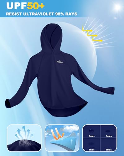 Boys Rash Guard Long Sleeve Hoodie - UPF 50+ Sun Protection, Navy, Large