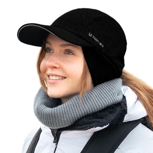Women's Water-Repellent Winter Ponytail Baseball Cap with Fleece Ear Flaps - Medium-Large, Black | TOP-EX