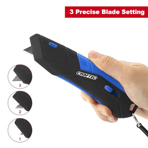 Retractable Utility Knife Box Cutter with Holster & Lanyard - The Ultimate Tool for Precise Cuts, 3 Blade Settings, Ergonomic Design, Left & Right Hand Friendly, Quick Blade Change CT5 (Blue)